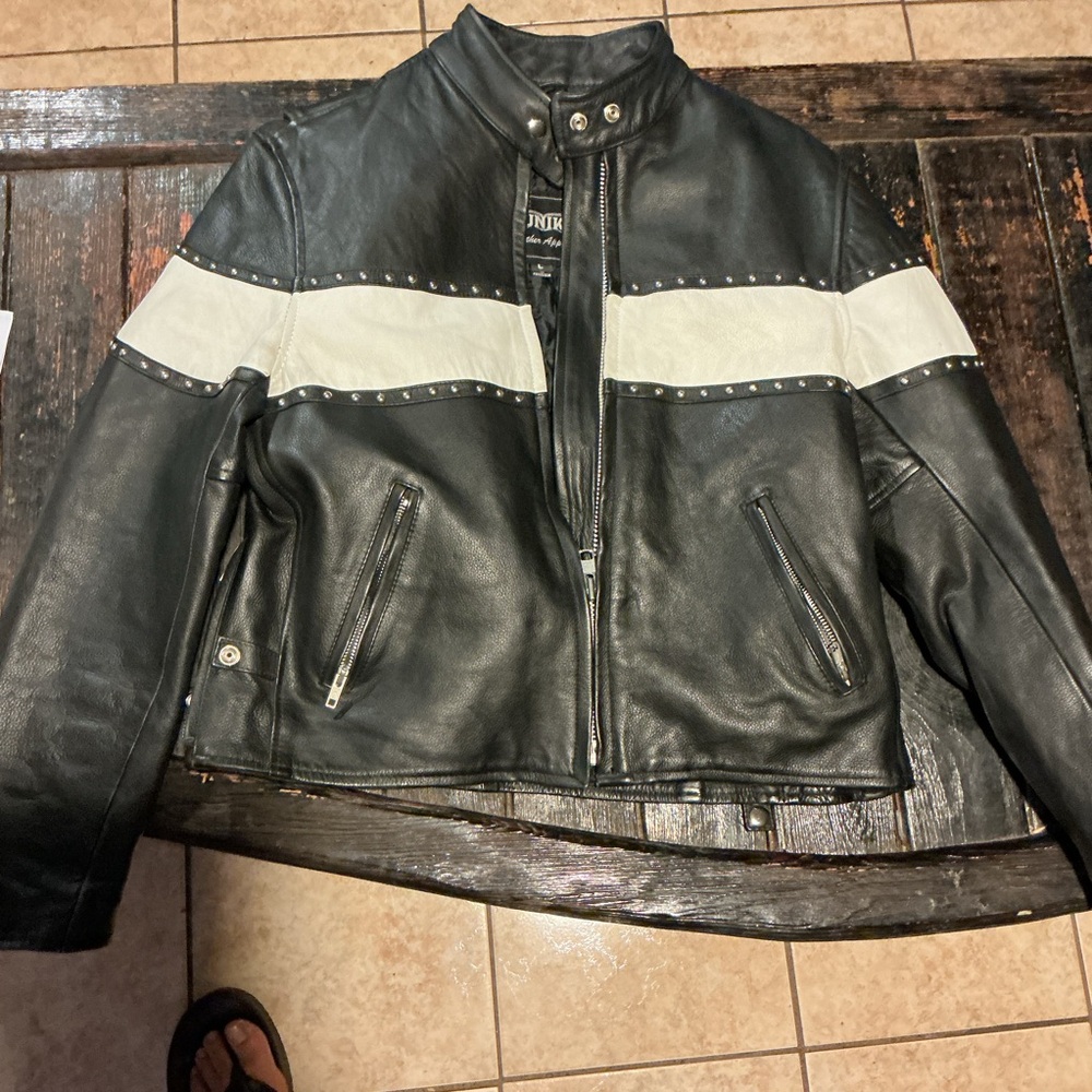 Unik Black Leather Jacket with White Stripe